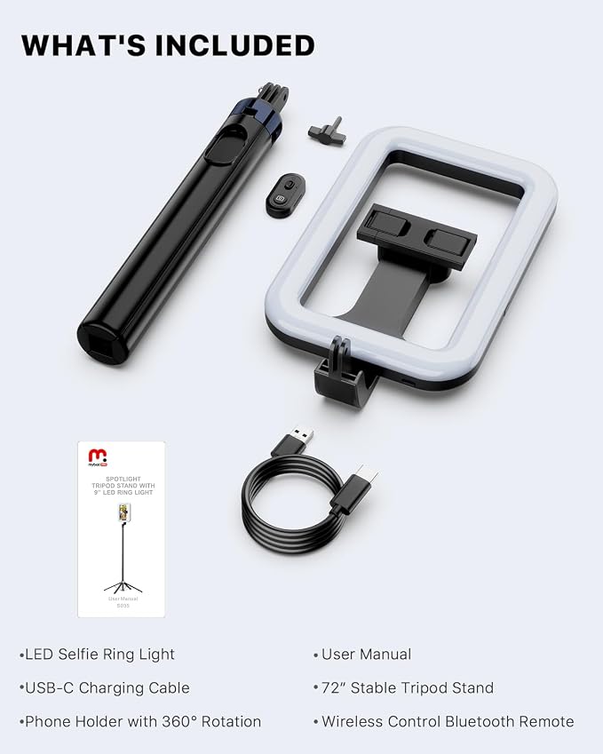 M MYBAT PRO Selfie Ring Light with 72" Tripod Stand - Extendable Selfie Stick with Light for Phone, Live Streaming, Makeup, Travel, Gaming, Video, Includes Phone Holder& USB-C Powered - Image 9