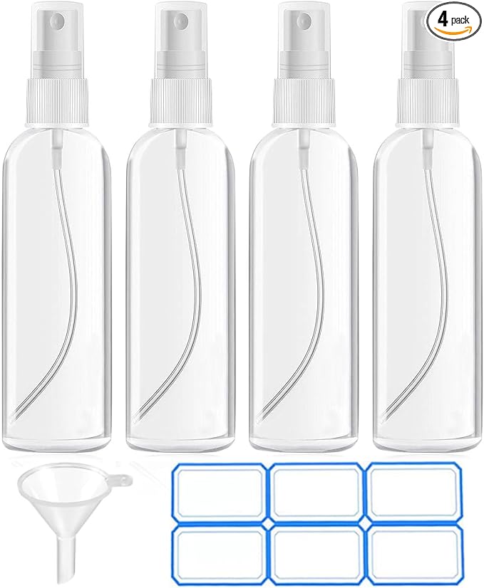 DTDNZKN 4 Pack 3.4 Oz (100ml) TSA Approved Travel Bottles | Travel Size Containers Plastic Spray Bottles withFunnels and Labels - Fine Mist, Refillable, Leak Proof by DTDNZKN