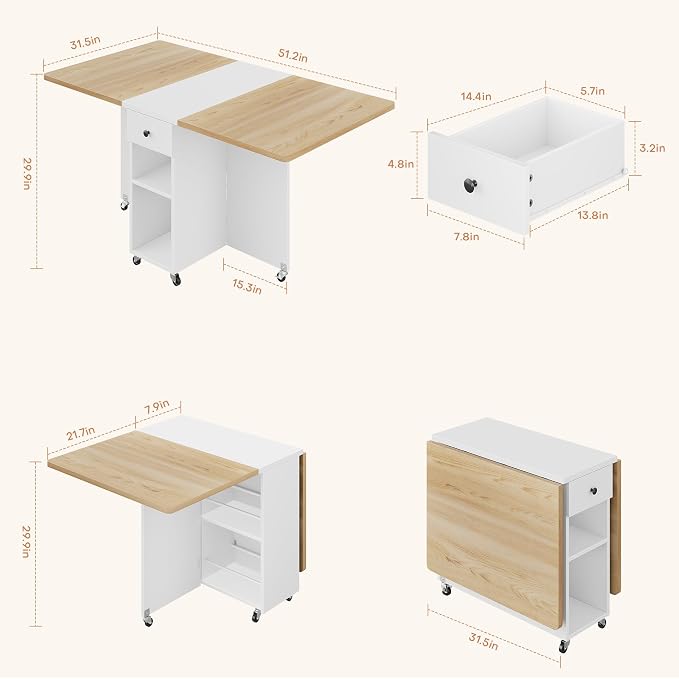 Jocoevol Folding Dining Table for Small Spaces, Foldable Kitchen Table with Drawer, 2-Tier Storage Shelf & Wheels, Space Saving Dining Table for 2 4, Farmhouse, Natural - Image 2