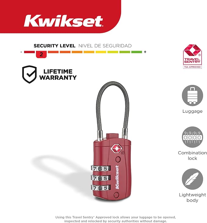 Kwikset TSA Approved Combination Luggage Lock with Cable, 2-Pack, Red | Cable Shackle Fits Odd Zipper Pulls and Duffel Handles; Pair of Resettable Locks, 1-3/16 in Body - Image 2