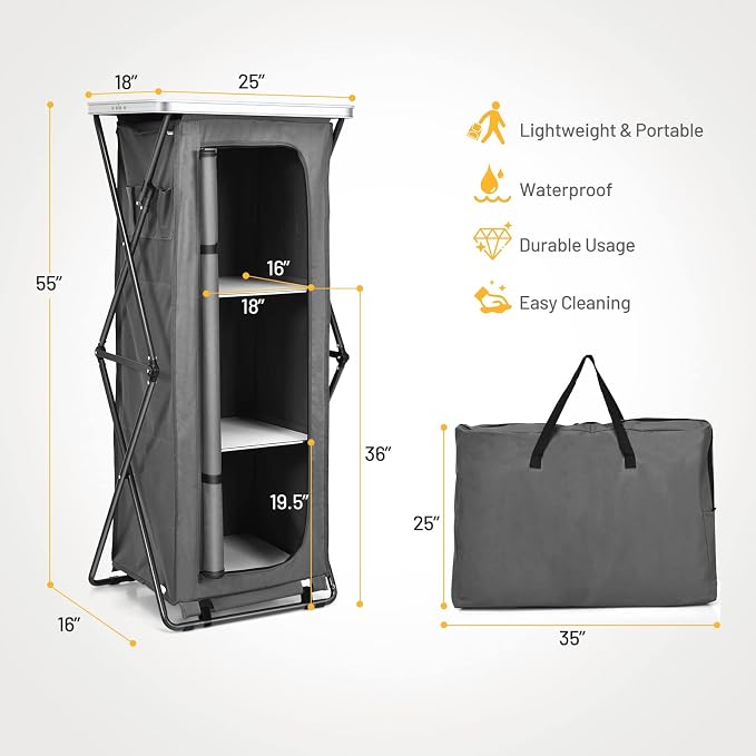 Giantex Folding Camping Storage Cabinet with 3 Shelves and Carry Bag, Portable Outdoor Organizer Kitchen Table, Quick Set-up for BBQ, Picnic, Backyard, Compact Pop-Up Cupboard, 55''H - Image 3
