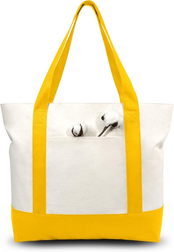 TOPDesign 6-Pack Canvas Tote Bags with an External Pocket, Reusable Grocery Shopping Bags, Top Zipper Closure, Daily Essentials (Yellow/Natural) by TOPDesign