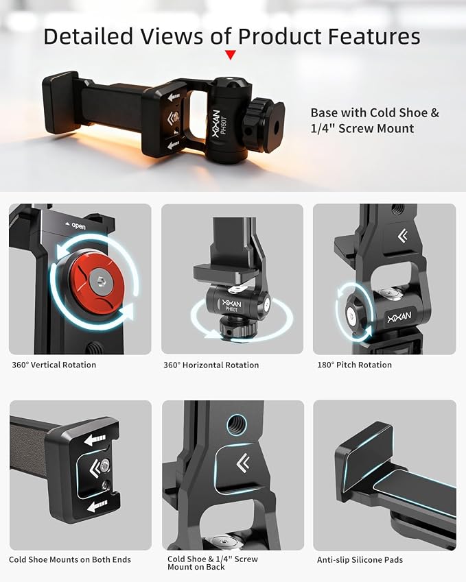 Metal Phone Tripod Mount Adapter, Smartphone Holder Clamp Support Stand with Cold Shoe, Compatible with iPhone, Samsung on Tripod, Camera, Gimbal, Selfie Stick for Live Streaming, Video Shooting - Image 8