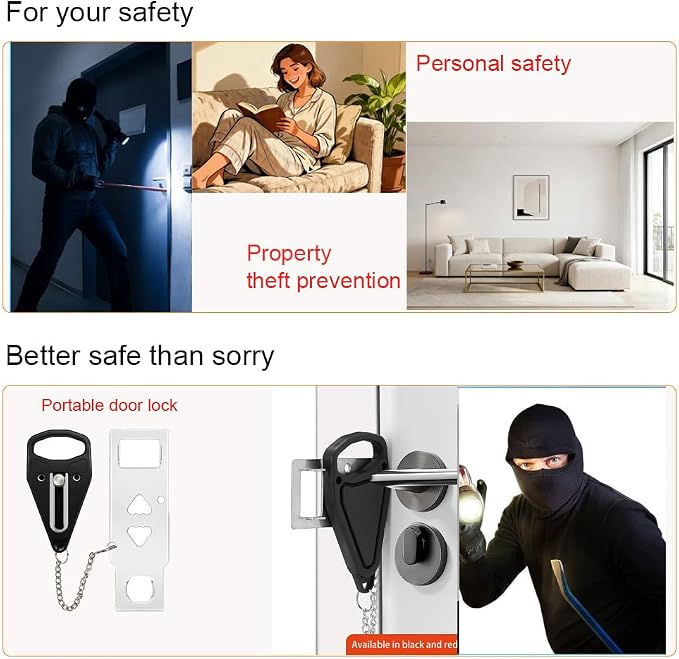 Portable Door Lock, No-Drill Security Lock, Home Door Lock Kit, Lightweight Anti-Theft Latch Protect Family Security and Privacy Fou Traveling, Bedroom, Hotel, Apartment(Balck) - Image 2