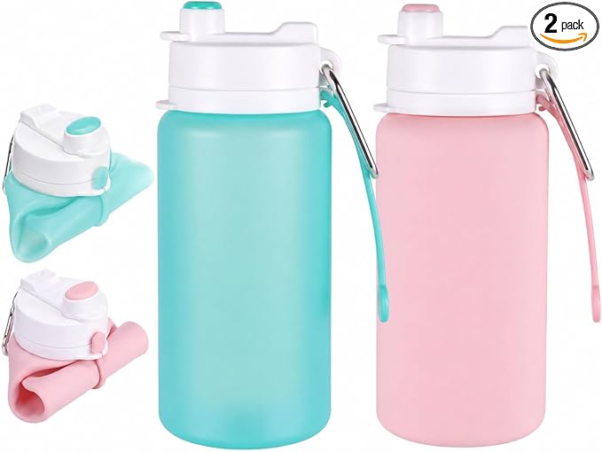 LemonRoad 2 Pcs 19 oz Silicone Collapsible Water Bottle, Pink Green | Portable Foldable Water Bottle, Leakproof, Carabiner, Reusable, Lightweight, for Travel Sport Hiking Camping Cycling Office by Unknown