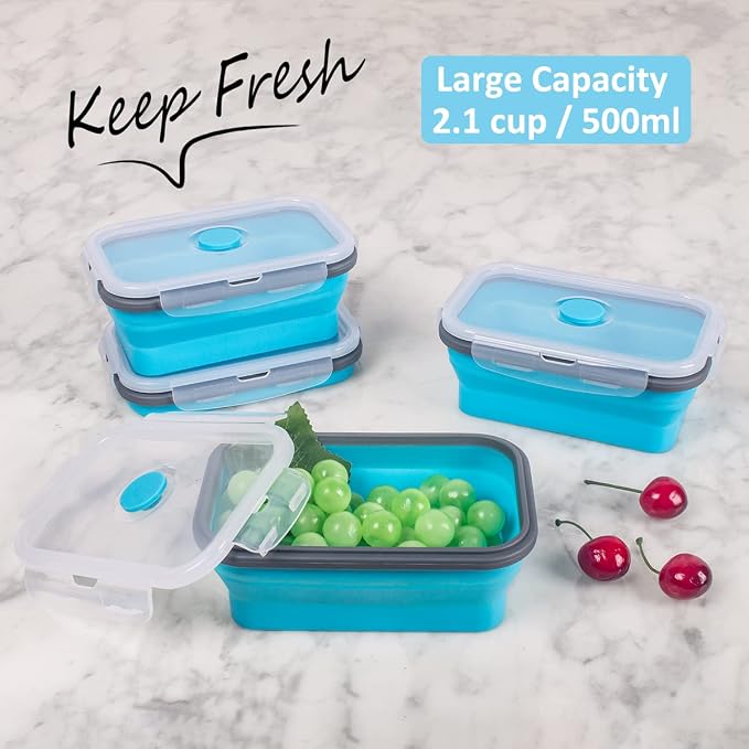 Collapsible Food Storage Containers with Airtight Lid & Air Vent, 16.9 oz, Kitchen Stacking Silicone Collapsible Meal Prep Container Set for Leftover, Microwave Freezer Dishwasher Safe, Blue, Set of 4 - Image 2