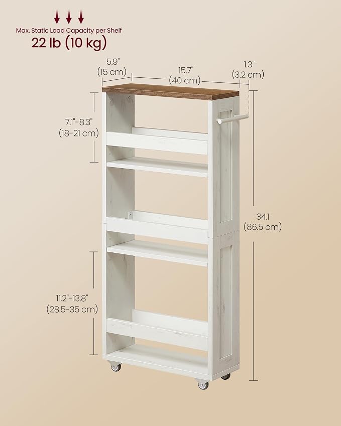 VASAGLE 4-Tier Slide-Out Storage Cart, Slim Kitchen Cart for Small Spaces, with Wheels, Handle, Bathroom, Laundry Room, 5.9 x 17 x 34.1 Inches, Rustic White and Honey Brown ULRC050K01 - Image 6