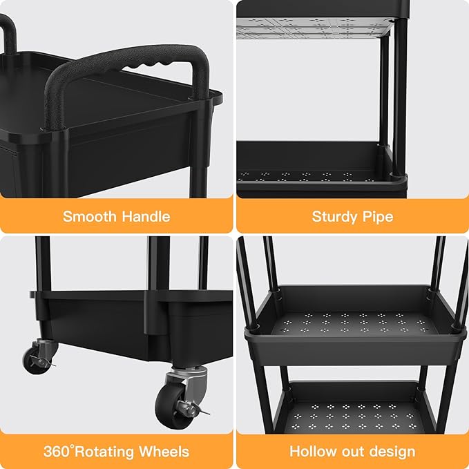 4 Tier Rolling Utility Cart with Drawer,REBECAT Utility Cart Made of Multifunctional Storage Organizer Tool for Kitchen,Bathroom,Living Room,Office(Black) - Image 2