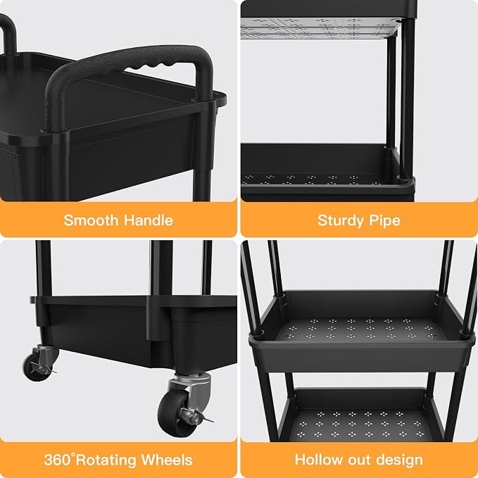 5 Tier Rolling Utility Cart with Drawer,REBECAT Utility Cart Made of Multifunctional Storage Organizer Tool for Kitchen,Bathroom,Living Room,Office(Black) - Image 2