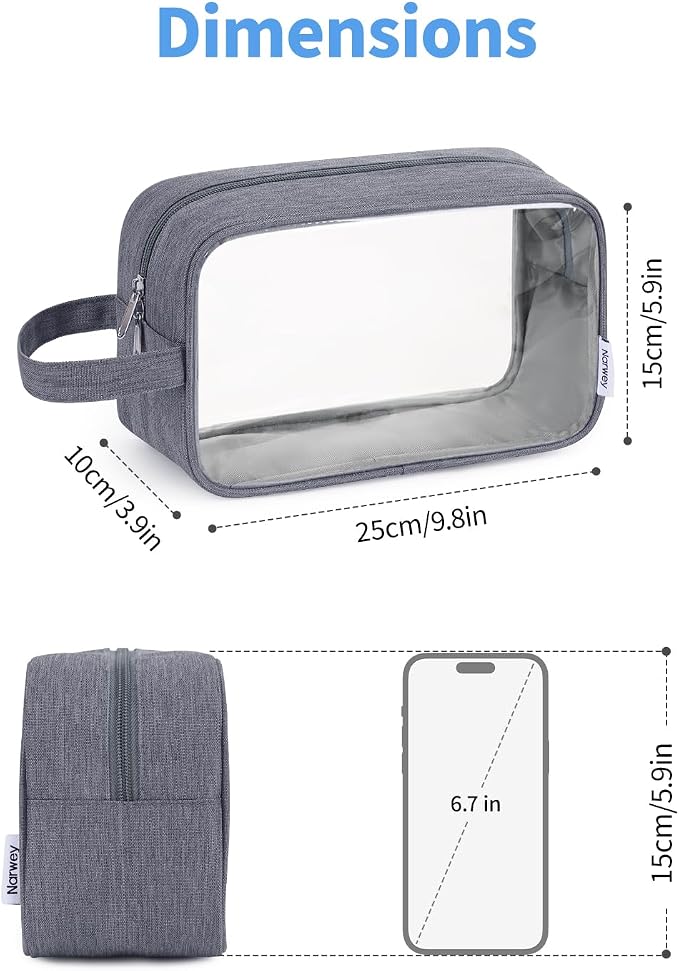 Narwey Clear Travel Toiletry Bags for Traveling Toiletries Men Women, Clear Makeup Bag Cosmetic Bag with Zipper, Make Up Pouch Organizer Bag with Handle, Skincare Beach Snack Medicine Bag, Grey - Image 5