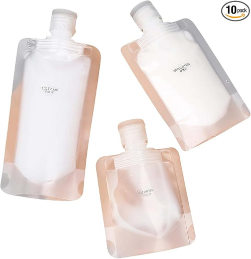 10 Pack Travel Pouches for Toiletries, Size Portable Containers,Stand Up Pouch,Refillable Travel Accessories for Shampoo Conditioner (100ML/3.4OZ/10piece) by MAAYKOM
