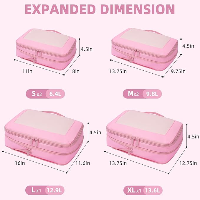 BAGAIL 4 Set/6 Set/8 Set Compression Packing Cubes Travel Accessories Expandable Packing Organizers (Square Mesh, 06-Pink) - Image 2