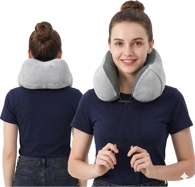 Airplane Travel Neck Pillow, 100% Memory Foam Ergonomic Neck Support, Airplanes Neck Pillow with Washable Cover Travel Essential for Flight & Office include Eye Mask, Earplugs & Carry Bag (Light Gray) - Image 2