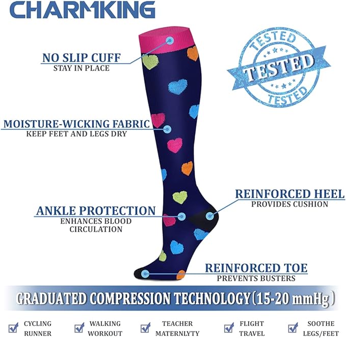 CHARMKING Compression Socks for Women & Men Circulation (8 Pairs) 15-20 mmHg Best Calf Socks Support for Athletic Cycling - Image 4