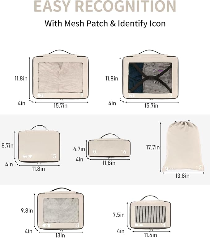 ECOHUB 7 Set Packing Cubes Tear-Resistant Luggage Packing Organizers with Number Icon for Travel Accessories Luggage Suitcase Machine Washable Packing Cubes (Beige) - Image 6