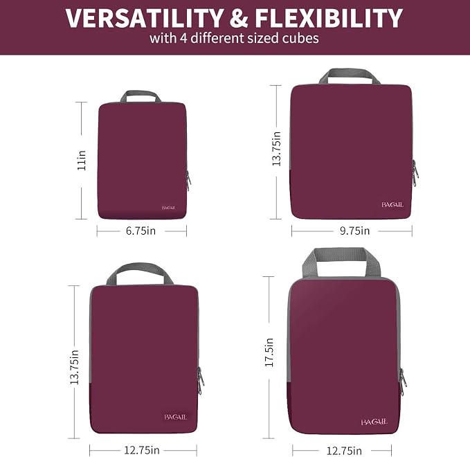 BAGAIL 4 Set/6 Set/8 Set Compression Packing Cubes Travel Accessories Expandable Packing Organizers (Cloth Pattern, 4-Burgundy) - Image 2