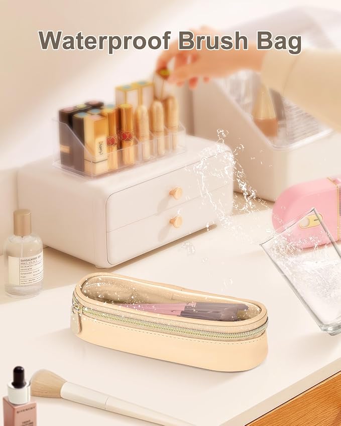 Soimeat Clear Travel Makeup Brush Holder, Leather Makeup Brush Toiletry Bag, Portable Cosmetic Brush Case, Transparent Waterproof Makeup Brush Storage Bag, Khaki - Image 7