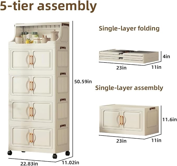 217QT Stackable Storage Bins with Lids & Rack, 5 Tier Large Capacity Foldable Storage Cabinet, Clear Collapsible Pantry Organizer for Home, Kitchen, Bathroom, Dorm, Office, White - Image 2