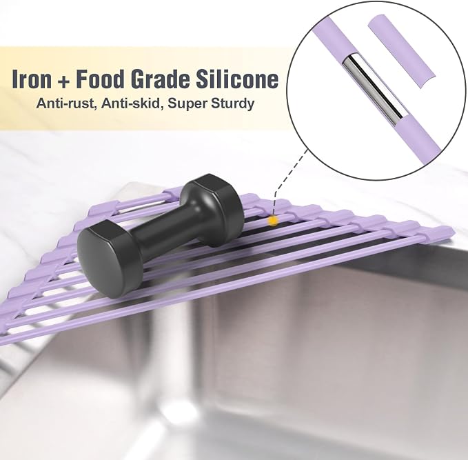 Tomorotec Triangle Roll Up Dish Drying Rack with Silicone Coating, Purple | 304 Stainless Steel with BPA-Free Silicone, Triangle Design Maximizes Sink Corner Space, Fits Compact Kitchens And RVs - Image 3
