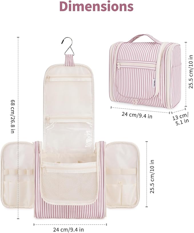 Narwey Striped Hanging Travel Toiletry Bag for Women, Travel Bag for Toiletries, Makeup Bag Organizer Cosmetic Bags Make Up Bags for Women (Dusty Rose Stripe) - Image 5