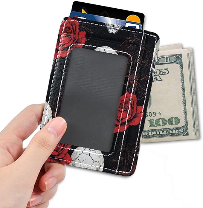 Front Pocket Minimalist Leather Slim Wallet Credit Card Holder Skull Red Poppy Flower Floral for Men & Women - Image 4