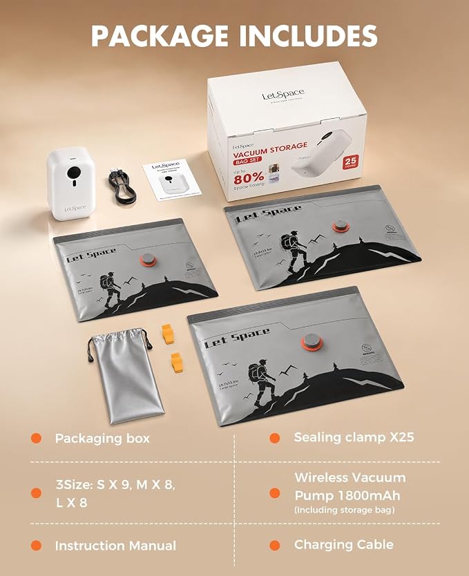 Vacuum Storage Bags with Electric Pump,Covers -60kPa Vacuum Seal Bags for Clothing Devices, Travel Bags with Portable Cordless Pump Included, Compatible with Bags 25 Combo Set - Image 9