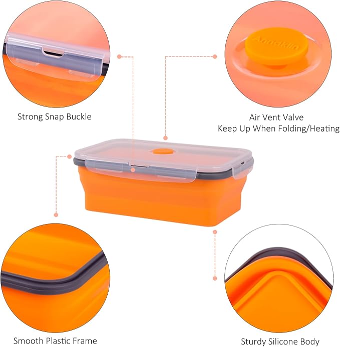 Collapsible Food Storage Containers with Airtight Lid & Vent, 40.5 oz, Kitchen Stacking Silicone Collapsible Meal Prep Container Set for Leftover, Microwave Freezer Dishwasher Safe, Orange, Set of 4 - Image 4