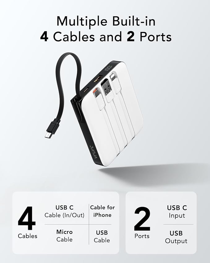 VRURC Battery Pack Portable Charger 10000mAh, 22.5W Fast Charging | Power Bank with Built-in Cable, LED Display for Cell Phone, for iPhone 17 16 15, Samsung Galaxy and USB-C Devices (White) - Image 2