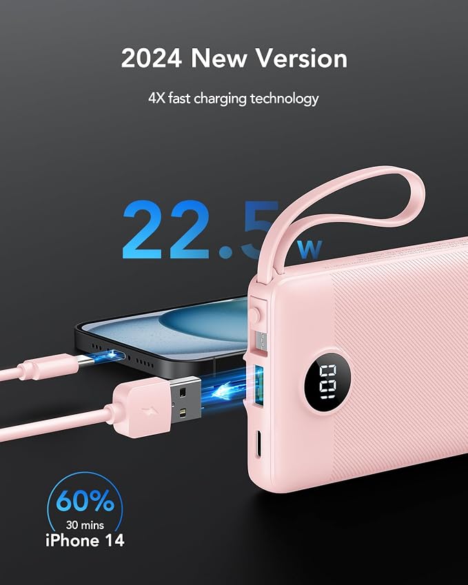 VRURC 22.5W 10000mAh Fast Charging Power Bank Built‑in 4 Cables | Portable Charger Slim,Travel Battery Pack for iPhone, Samsung & Multi Devices, Pocket‑Friendly with Lanyard-Pink(1 Pack) - Image 2