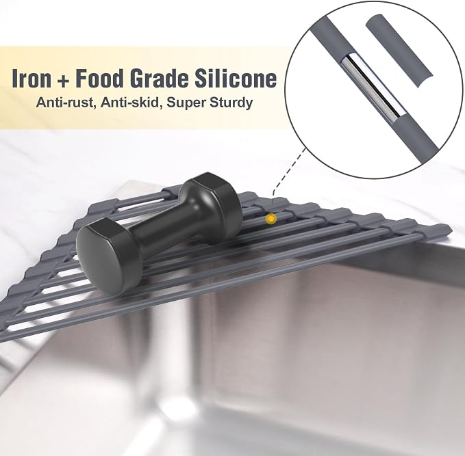 Tomorotec Roll Up Dish Drying Rack with Silicone Coating, Deep Gray | 304 Stainless Steel with BPA-Free Silicone, Triangle Design Maximizes Sink Corner Space, Fits Compact Kitchens And RVs - Image 5