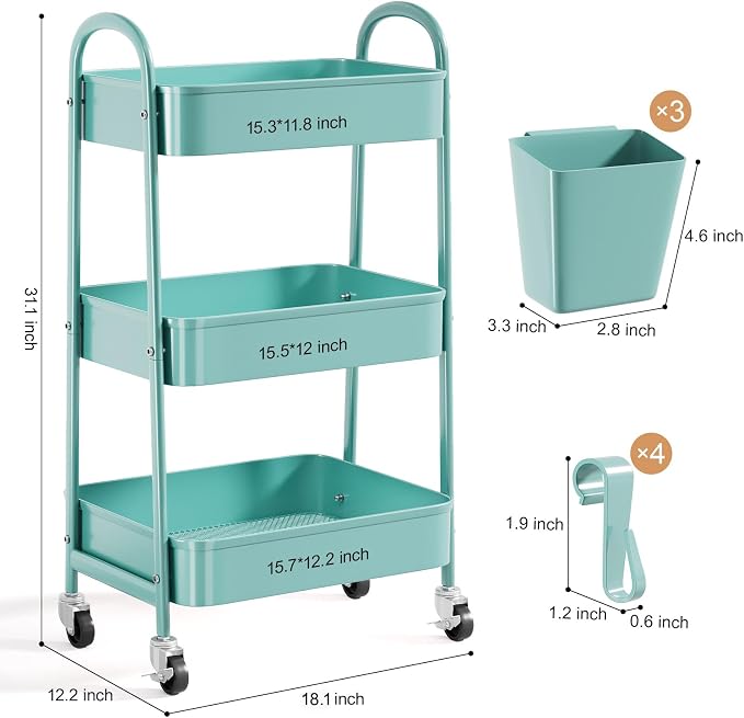 3 Tier Green Metal Rolling Cart with Lockable Wheels and Handle, 3 Tiered | Utility Storage Organizer Carts for Teacher, Arts, Craft, Snack, Book, Bedside, Nursery, Cleaning Supplies,Dorm,Easy Assembly - Image 9