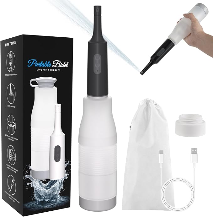 Hibbent Portable Bidet for Travel, High Pressure Electric Handheld Bidet Sprayer, 350-550ML Expandable Bottle for Personal Hygiene, USB-C Rechargeable Waterproof, Travel Sprayer for Women & Men, Black by Hibbent