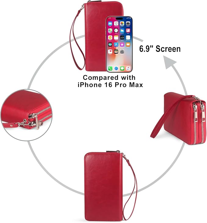 Women’s Wallet for Cell Phone Anti Theft Wristlet Bag with Strap RFID Blocking Double Zipper, Red - Image 6