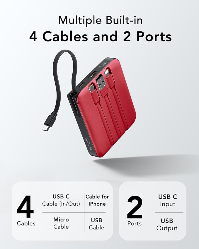 VRURC 10000mAh Portable Charger Power Bank Built-in Cables | Travel Essentials,22.5W Fast Charging,LED Display,Slim,for iPhone 17/16/15 Series & Samsung Series,Battery Pack-Red - Image 2