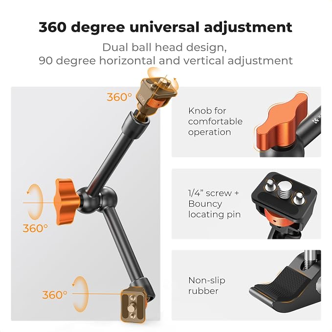 K&F CONCEPT 11" Magic Arm Clamp with ARRI 1/4" & 3/8" Thread Screw | 360° Ball Heads Articulating Arm Camera Adapter for DSLR, Monitor, LED Light, Microphone, Camera Cage, Action Camera, MS33 - Image 3