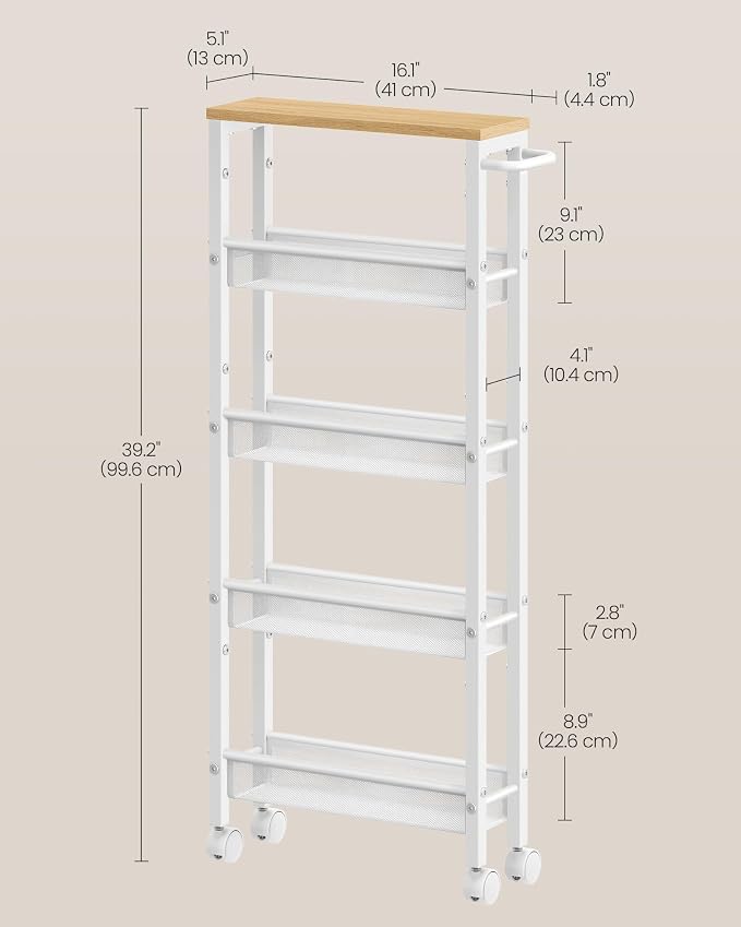 VASAGLE Slim Rolling Cart, 5-Tier Storage Cart, Narrow Cart with Handle, 5.1 Inches Deep, Metal Frame, for Kitchen, Dining Room, Living Room, Home Office, Oak Beige and Classic White ULRC034W09 - Image 7