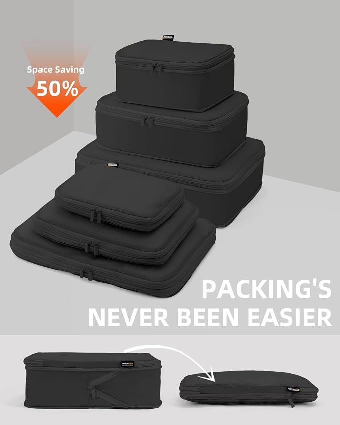 Compression Packing Cubes for Travel, 6-Piece Set (Large/Medium/Small), Double-Zip Luggage Organizers for Suitcase & Carry-On, Clothes Storage Bags (Pure Black, 6 Pack) - Image 2