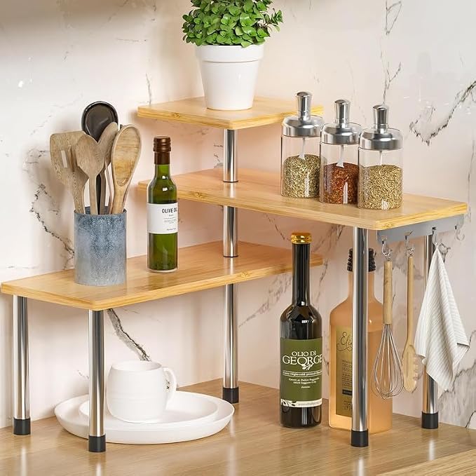 ZHWS Kitchen Countertop Organizer Spice Rack for Salt, Bathroom Counter Organizer Over Sink for Makeup, Skincare, Adjustable 3-Tier Corner Counter Shelf with 4 Hooks for Coffee Bar Dresser Table - Image 8