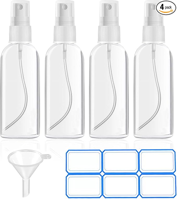DTDNZKN 4 Pack 1 Oz (30ml) Mini Spray Bottles Clear Travel Size | Fine Mist Empty Spritzer Bottles Leak Proof with Funnels and Labels by DTDNZKN