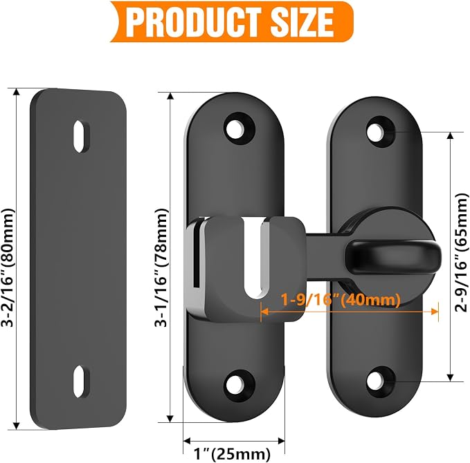 90/180 Degree Flip BarnDoor Lock, Small Door Latch, Black 2 PCS | Heavy Duty Door Latch, Interior Sliding Door, Pocket Door, Bedroom, Bathroom, Cabinet, Privacy Lock, Includes Spacer - Image 5