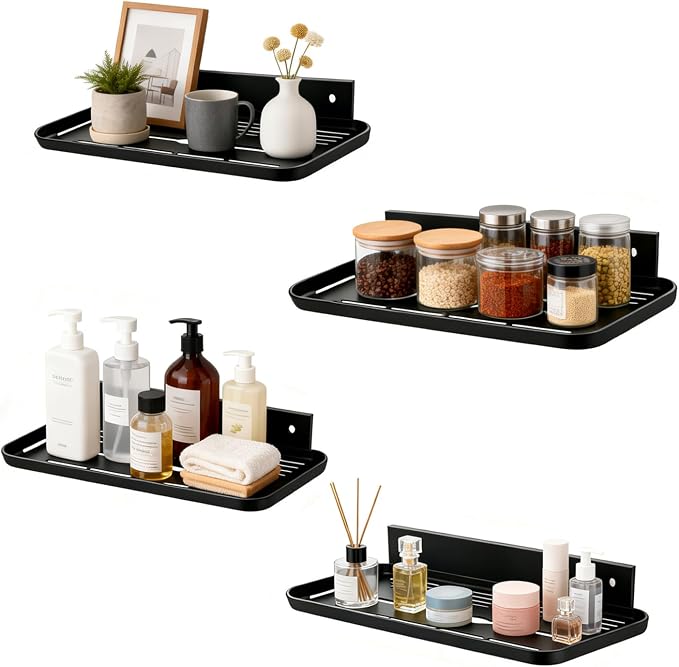 Floating Shelves for Wall, Wall Mounted Floating Shelves, Bathroom Shelf Bedroom Kitchen Living Room Hanging Storage Shelves, Room Decor (4, Black) by Laoyello