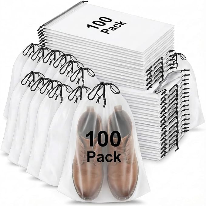 100 Pack Travel Shoe Bags, Waterproof Clear Shoe Storage Bags with Drawstring, Large Portable Shoe Organizer for Packing, 15.7 x 11.8 Inch Travel Essentials for Women and Men (Translucent) by Unknown