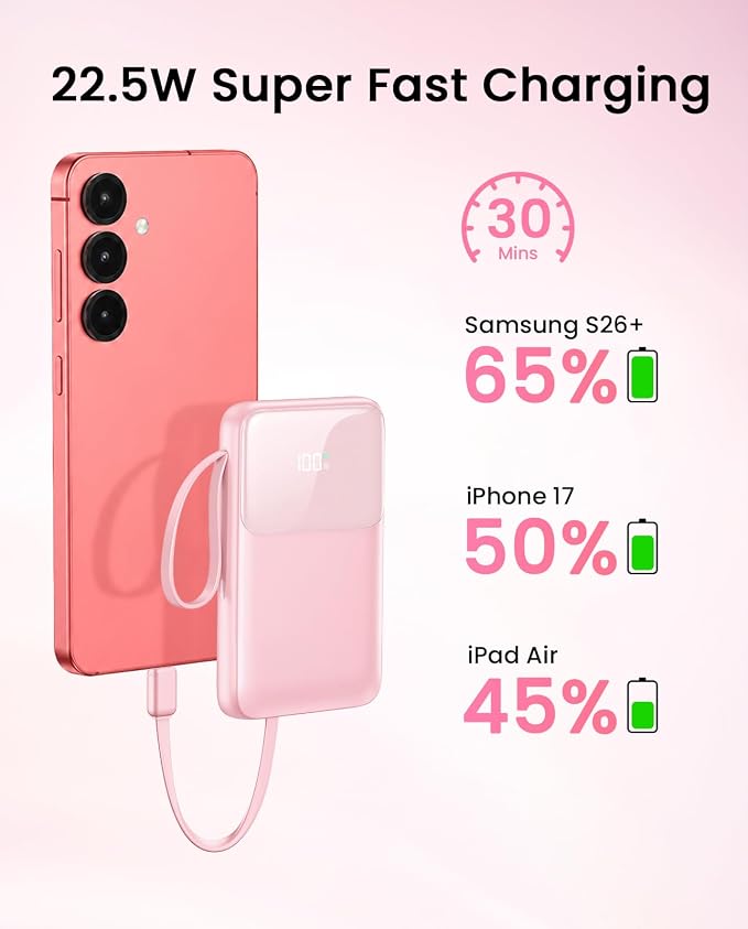 HELLEE 15000mAh Portable Charger Power Bank, Smaller Built-in 4 Cables Pink | 22.5W 50% More Capacity, 45% Smaller, Slim Travel Essential Battery Pack, 30-Min Fast Charge to 50% for iPhone/Samsung - Image 6