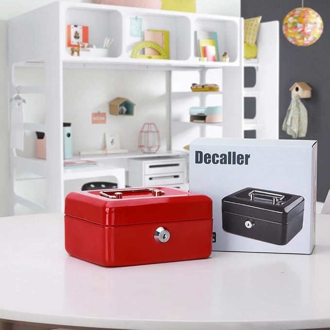 Decaller Small Cash Box with Key Lock, Double Layer Metal Money Box for Home Security, Portable Locking Box, 5.9" x 4.7" x 3.2", Red - Image 6