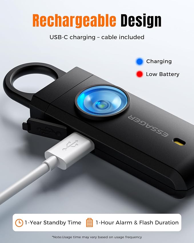ESSAGER Personal Safety Alarm for Women, 130 dB Self Defense Siren, Rechargeable & Portable with Keychain and Carabiner, Low Battery Notice, LED Strobe Light for Kids, Seniors, College Students(Black) - Image 6