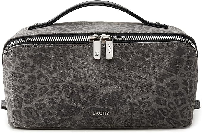 EACHY Travel Makeup Bag for Women, Flat Open Leopard Print Cosmetic Bag | Leopard-print PU leather cosmetic bag opens flat with dividers and clear TPU brush pocket for makeup and travel essentials by EACHY