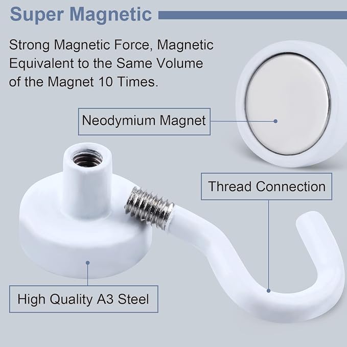 DIYMAG Magnetic Hooks, 30lbs 6pcs Cruise Cabin Essentials Heavy Duty White | Strong Neodymium Rare Earth Magnets, for Kitchen, Classroom, Beach, Cruise Cabins, Refrigerator, Hanging Key Clothes Wall Hat - Image 3