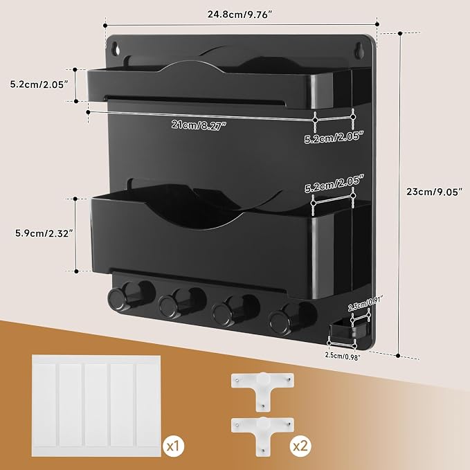 Bedside Wall Shelf with Glasses Hooks ，Adhesive Bedside Organizer Wall Mount for Dorm and Room Accessories Phone，Remote，Earphone， Kindle (Black) - Image 3