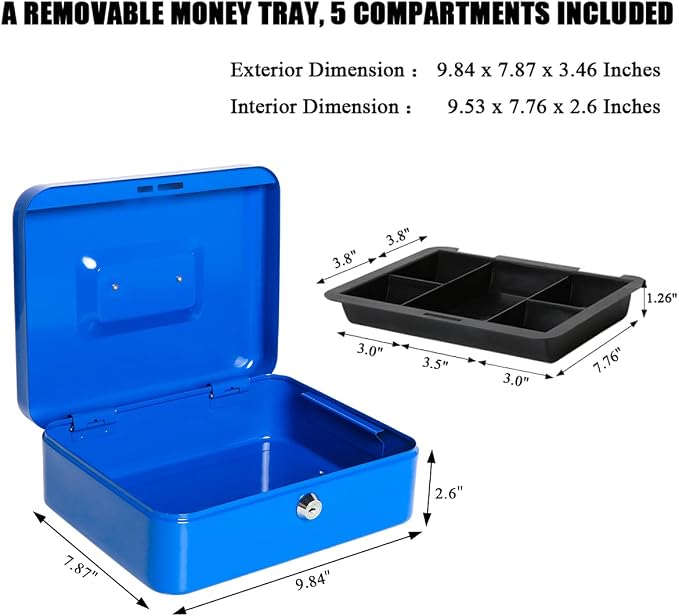 Jssmst Cash Box with Tray - Cash Box with Key Lock Safe Money Box with Cash Tray, Money Saving Box Lock Box for Money, 9.84'' x 7.87'' x 2.6'', Blue - Image 2