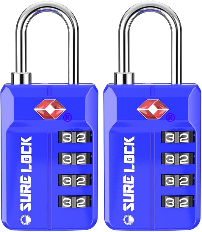 SURE LOCK TSA Approved 4-Digit Resettable Combination Luggage Locks with Open Alert, Easy-Read Dials - for Luggage, School Lockers, Gym, Office, Toolbox & Security Cases(Blue 2 Pack) by Hopeyoucanstaysafe